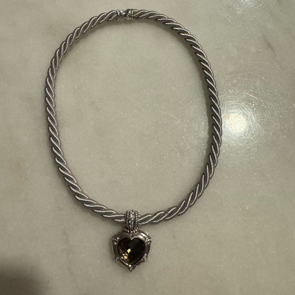 Judith Ripka SS and Smokey quarts with gray cord necklace